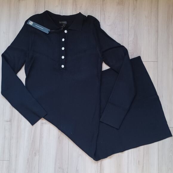 House of Harlow Ribbed Knit Collared Henley Midi Dress Black XL NWT - Picture 2 of 9